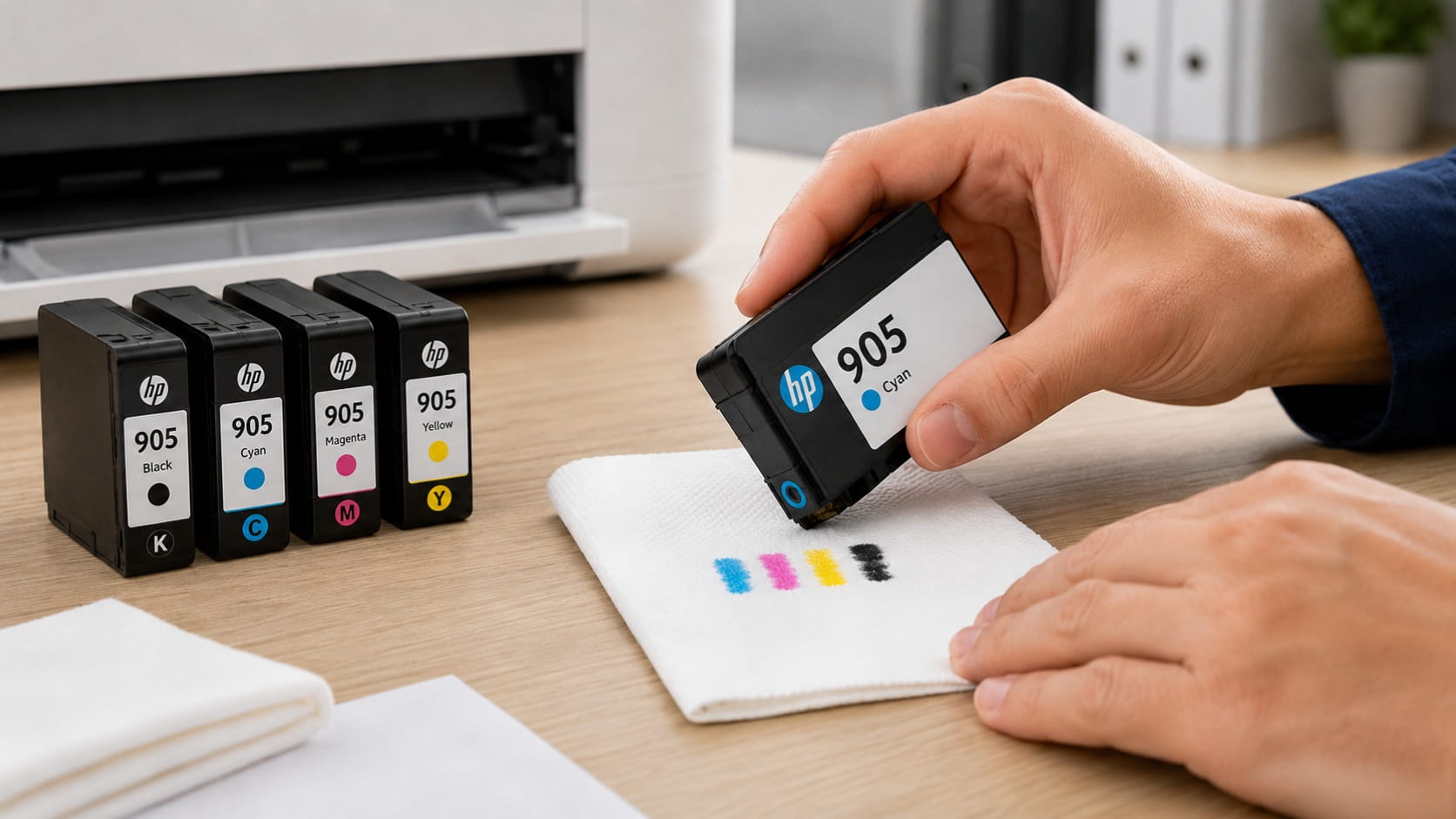 A person blotting the ink delivery port of an HP 905 printer cartridge on a lint-free surface to check for clear ink distribution.