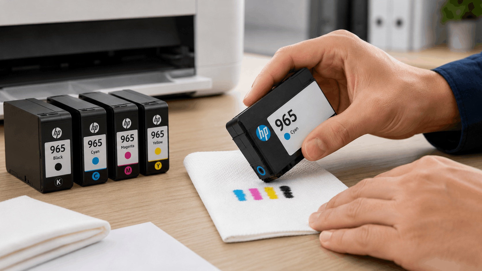 A person blotting the ink delivery port of an HP 965 printer cartridge on a lint-free surface to check for clear pigment distribution.