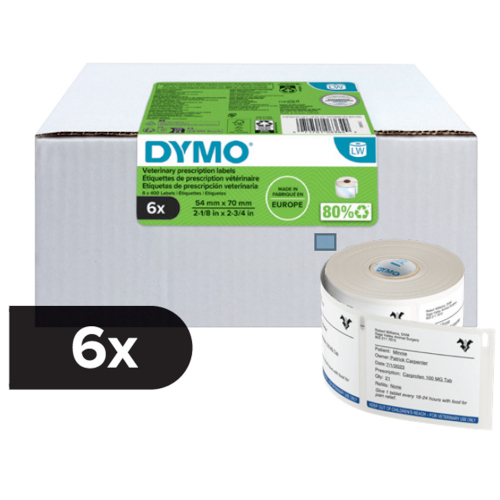 DYMO LabelWriter Veterinary Drug Labels - Pack of 6 - 70 x 54mm, 6 x 400 Labels