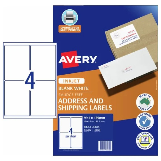 Avery Shipping Labels 99.1 x 139mm 4UP - 100 Labels - 25 Sheets