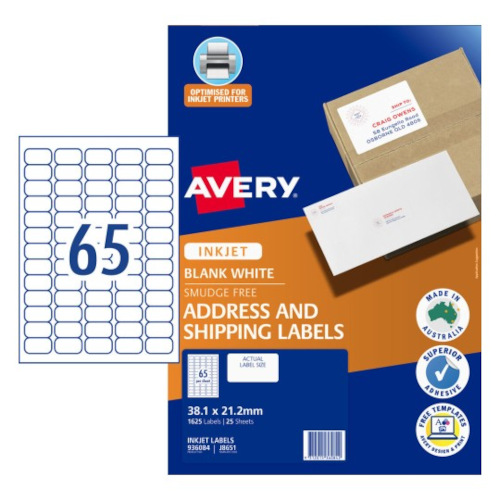 Avery Quick Peel Address Labels with Sure Feed - 38.1 x 21.2 mm 65UP - 1625 Labels - 25 Sheets - Inkjet