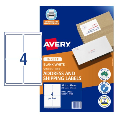 Avery Inkjet Shipping Labels - 99.1 x 139 mm - 4UP - Pack of 50