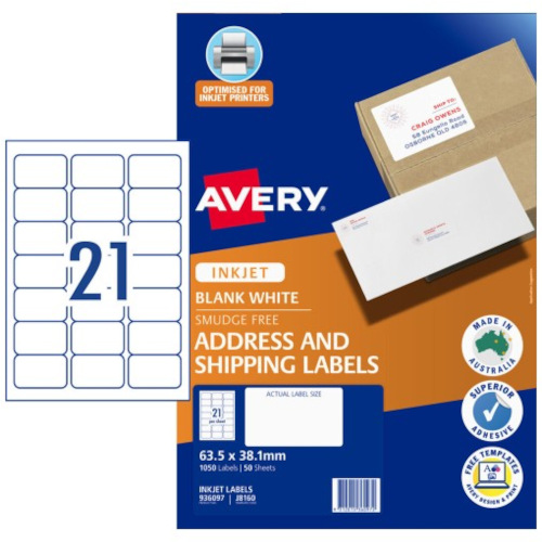 Avery Quick Peel Address Labels with Sure Feed - 63.5 x 38.1 mm 21UP - 1050 Labels - 50 Sheets