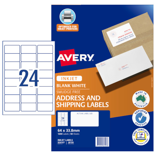 Avery Quick Peel Address Labels 64 x 33.8mm 24UP - 1,200 Labels - 50 Sheets