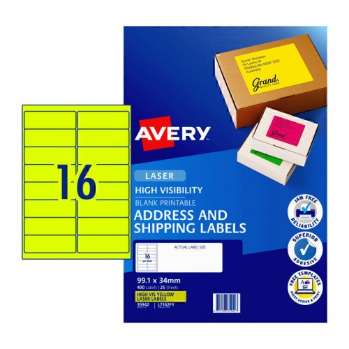Avery Fluoro Yellow High Visibility Shipping Labels - 99.1 x 34 mm 16UP - 400 Labels - 25 Sheets