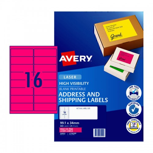 Avery Fluoro Pink High Visibility Shipping Labels - 99.1 x 34 mm 16UP - 400 Labels - 25 Sheets