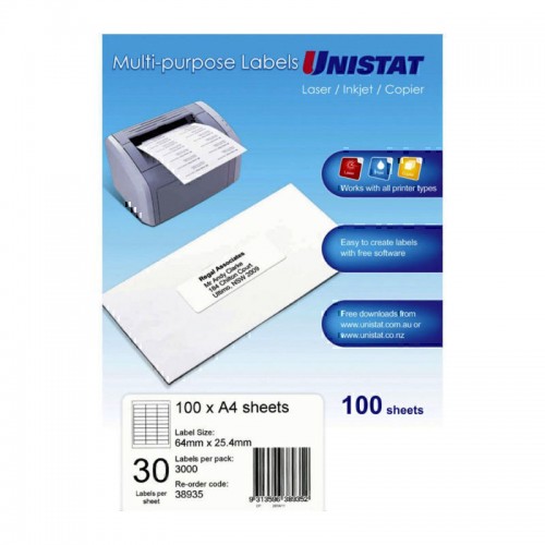 Unistat Laser InkJet Printer Label 30Up 64 x 25mm - Box of 100