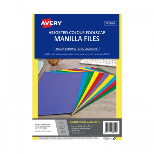 Avery Foolscap Manilla Folders Assorted Colour  - Pack of 20