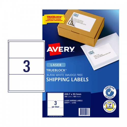 Avery Shipping Labels with Trueblock - 200.7 x 93.1 mm 3UP - 300 Labels - 100 Sheets