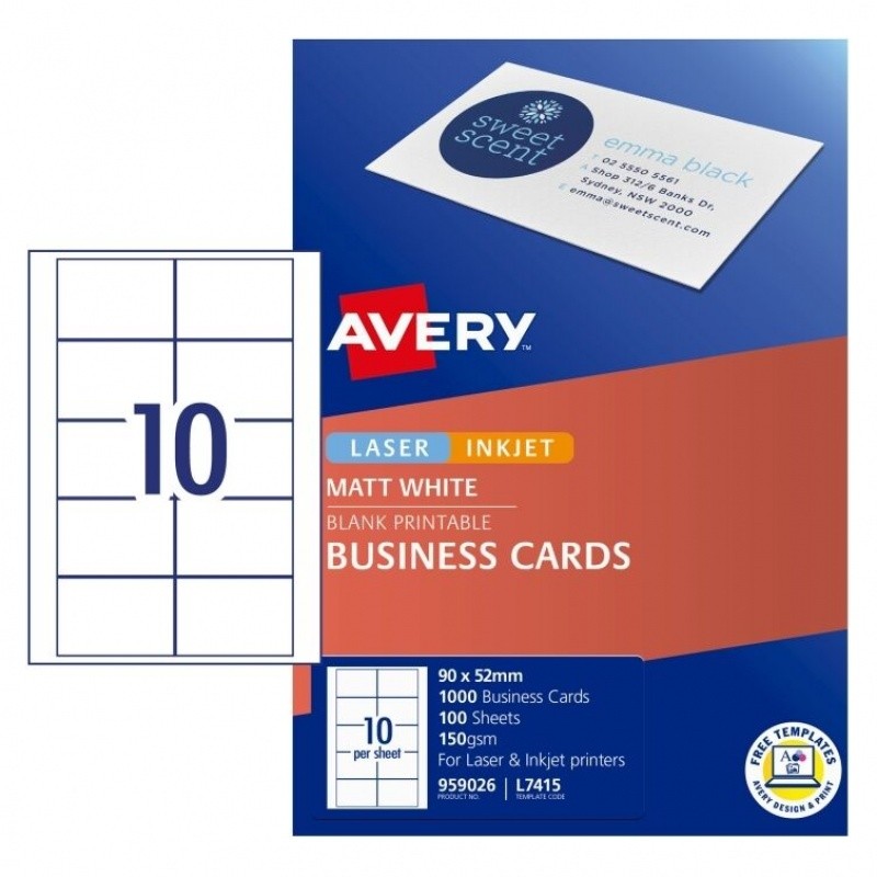 Avery White Matt Finish Business Cards L7415 90 x 52 mm, 10 Cards per Sheet Avery White Matt Finish Business Cards L7415 90 x 52 mm, 10 Cards per Sheet
