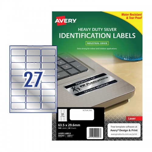 Avery Silver Heavy Duty Labels - 63.5 x 29.6 mm 27UP - 540 Labels - 20 Sheets