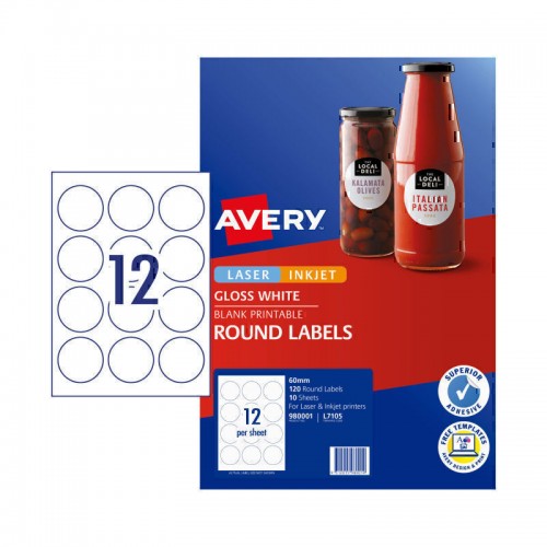 Avery Glossy Round Labels - 60 mm 12UP - 120 Labels - 10 Sheets