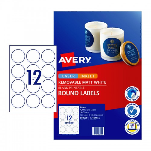 Avery Matt Round Labels - 60 mm 12UP - 120 Labels - 10 Sheets