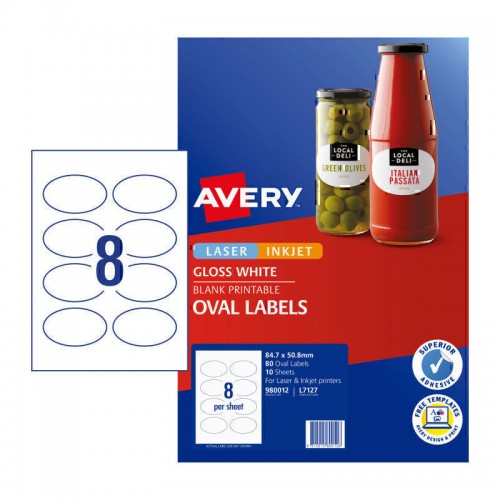 Avery Glossy Oval Labels - 84.7 x 50.8 mm 8UP - 80 Labels - 10 Sheets