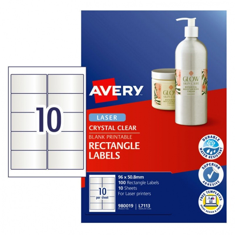 Avery Crystal Clear Rectangle Labels 96 x 50.8 mm, 100 Labels Avery Crystal Clear Rectangle Labels 96 x 50.8 mm, 100 Labels
