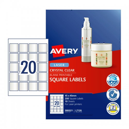 Avery Crystal Clear Square Labels - 45 x 45 mm 20UP - 200 Labels - 10 Sheets
