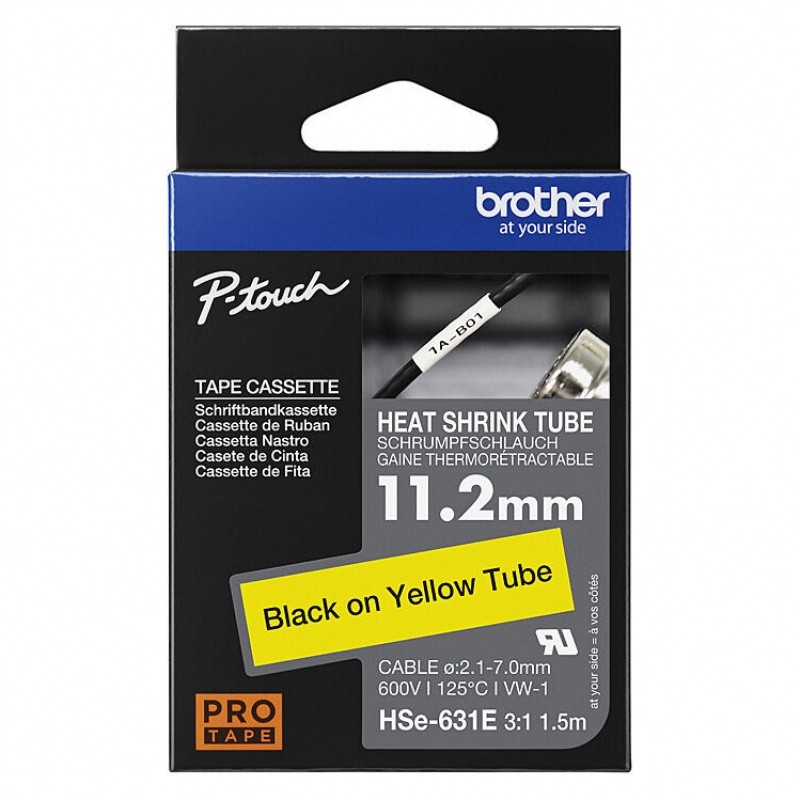 Brother HSe-631E Black on Yellow Heat Shrink Tube 11.2 mm x 1.5 m Brother HSe-631E Black on Yellow Heat Shrink Tube 11.2 mm x 1.5 m