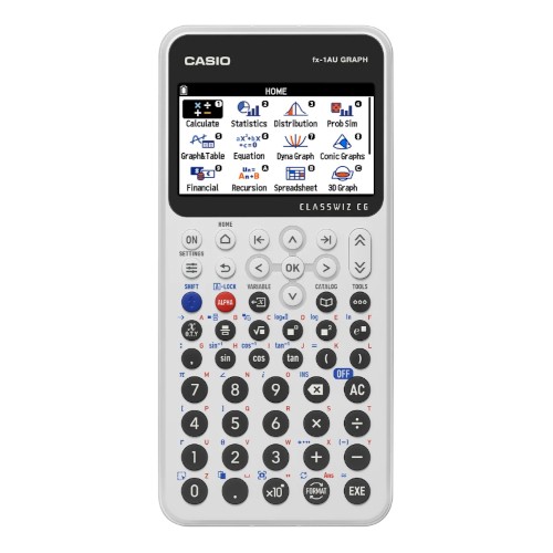 White Casio FX-1AU graphing calculator with a function graph on its colour screen