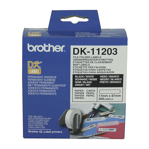 Brother DK-11203 Black on White Die-Cut File Folder Label Roll - 17mm x 87mm, 300 Labels