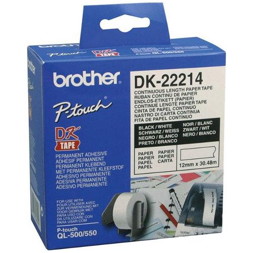 Brother DK-22214 Black on White Continuous Paper Label Roll - 12mm x 30.48m