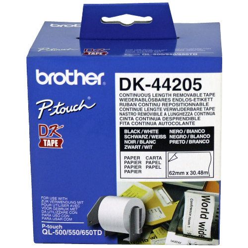 Brother DK-44205 Black on White Continuous Removable Paper Label Roll - 62mm x 30.48m