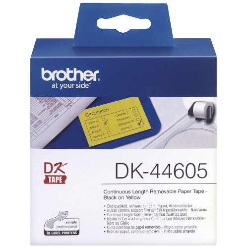 Brother DK-44605 Black on Yellow Continuous Removable Paper Label Roll - 62mm x 30.48m