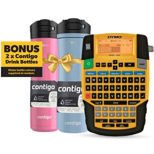 DYMO Rhino 4200 Yellow Industrial Thermal Transfer Label Maker & Contigo Kit DYMO Rhino 4200 Yellow Industrial Thermal Transfer Label Maker & Contigo Kit