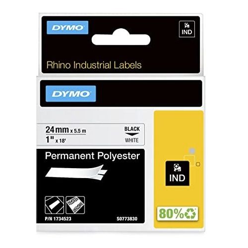 DYMO 1734523 Black on White Industrial Rhino Permanent Polyester Label Tape - 24mm x 5.5m