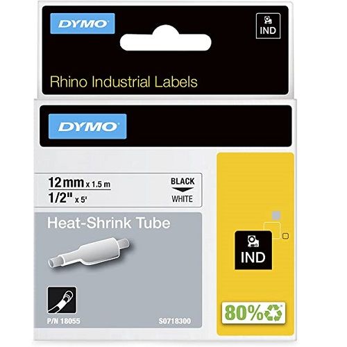 DYMO 18055 Black on White Industrial Rhino Heat-Shrink Tube Label Tape - 12mm x 1.5m