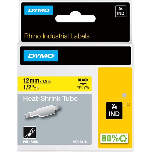 DYMO 18056 Black on Yellow Industrial Rhino Heat-Shrink Tube Label Tape - 12.7mm x 1.5m