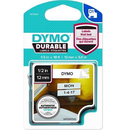 DYMO 1978364 Black on White Durable D1 Industrial Label Tape - 12mm x 5.5m