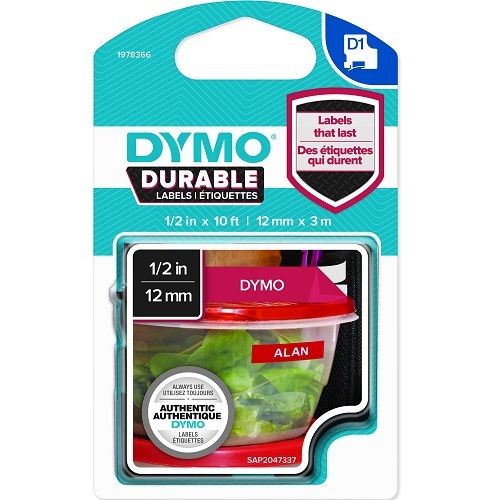 DYMO 1978366 White on Red Durable D1 Industrial Label Tape - 12mm x 3m