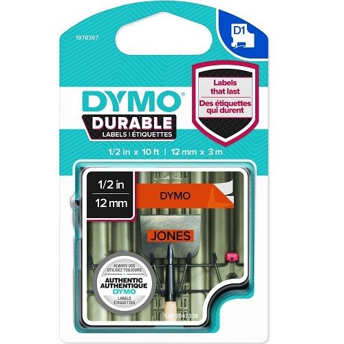 DYMO 1978367 Black on Orange Durable D1 Industrial Label Tape - 12mm x 3m