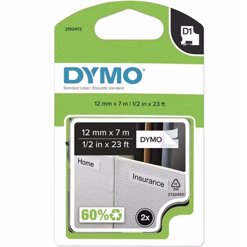 2 Pack DYMO 2150472 Black on White D1 Standard Label Tapes - 12mm x 7m