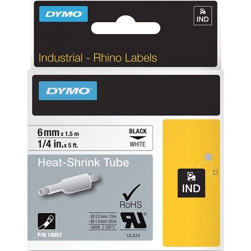 DYMO 18051 Black on White Industrial Rhino Heat-Shrink Tube Label Tape - 6mm x 1.5m