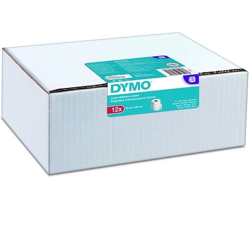 DYMO 2093093 Black on White Large Address Paper Label Roll - 36mm x 89mm Label, 130 per Roll, 12 Rolls