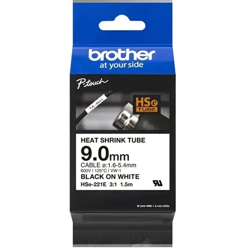 Brother HSe-221E Black on White Heat Shrink Tube Label Tape - 9mm x 1.5m