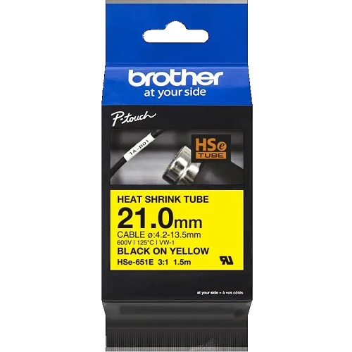 Brother HSe-651E Black on Yellow Heat Shrink Tube Label Tape - 21mm x 1.5m