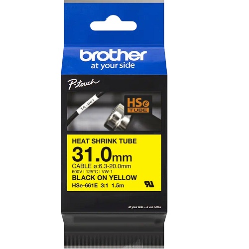 Brother HSe-661E Black on Yellow Heat Shrink Tube Cartridge Label Tape - 31mm x 1.5m