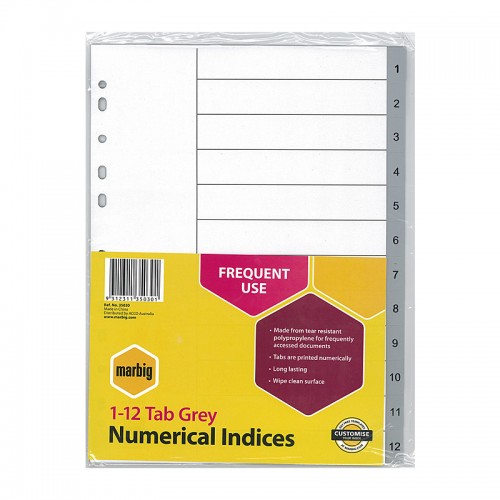 Marbig Indices & Dividers 1-12 Tab PP A4 Grey Marbig Indices & Dividers 1-12 Tab PP A4 Grey