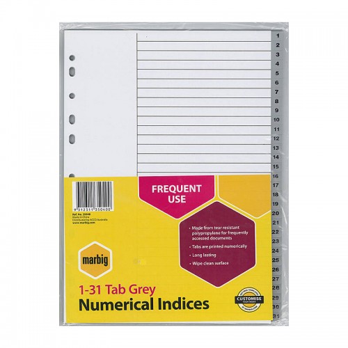 Marbig Indices & Dividers 1-31 Tab PP A4 Grey Marbig Indices & Dividers 1-31 Tab PP A4 Grey