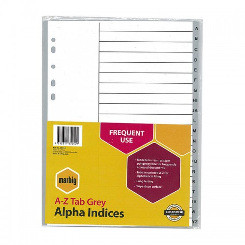 Marbig Indices & Dividers A-Z Tab PP A4 Grey Marbig Indices & Dividers A-Z Tab PP A4 Grey