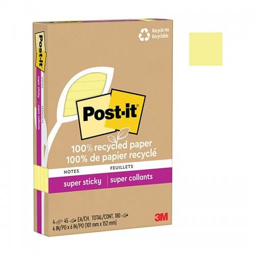 Post-It Super Sticky Canary Lined 101 x 152mm - Pack of 4