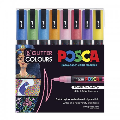 POSCA PC-3M Paint Markers Fine Bullet Tip - Assorted Glitter Colours - Pack of 8 POSCA PC-3M Paint Markers Fine Bullet Tip - Assorted Glitter Colours - Pack of 8