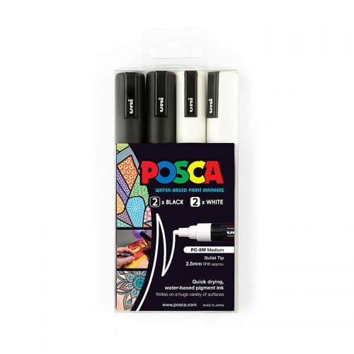 POSCA PC-5M Paint Markers Medium Bullet Tip - Black/White - Pack of 4 POSCA PC-5M Paint Markers Medium Bullet Tip - Black/White - Pack of 4