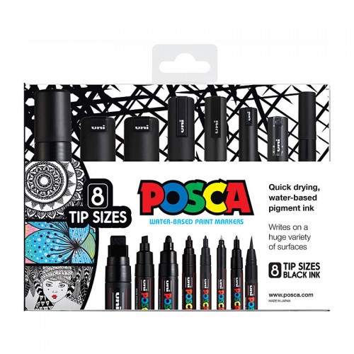 POSCA Paint Markers Each Tip Size - Black - Pack of 8 POSCA Paint Markers Each Tip Size - Black - Pack of 8