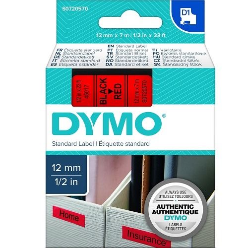 DYMO S0720570 Black on Red D1 Label Tape - 12mm x 7m