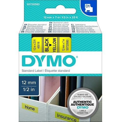 DYMO S0720580 Black on Yellow D1 Label Tape - 12mm x 7m