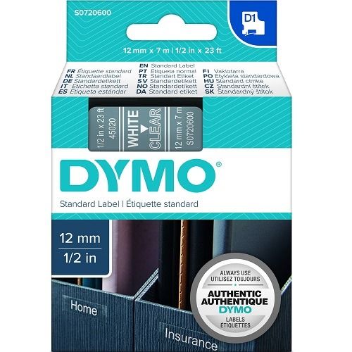 DYMO S0720600 White on Clear D1 Label Tape - 12mm x 7m
