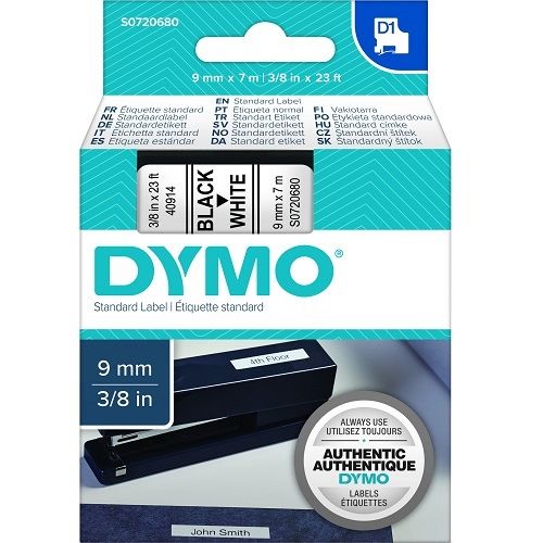 DYMO S0720680 Black on White D1 Label Tape - 9mm x 7m